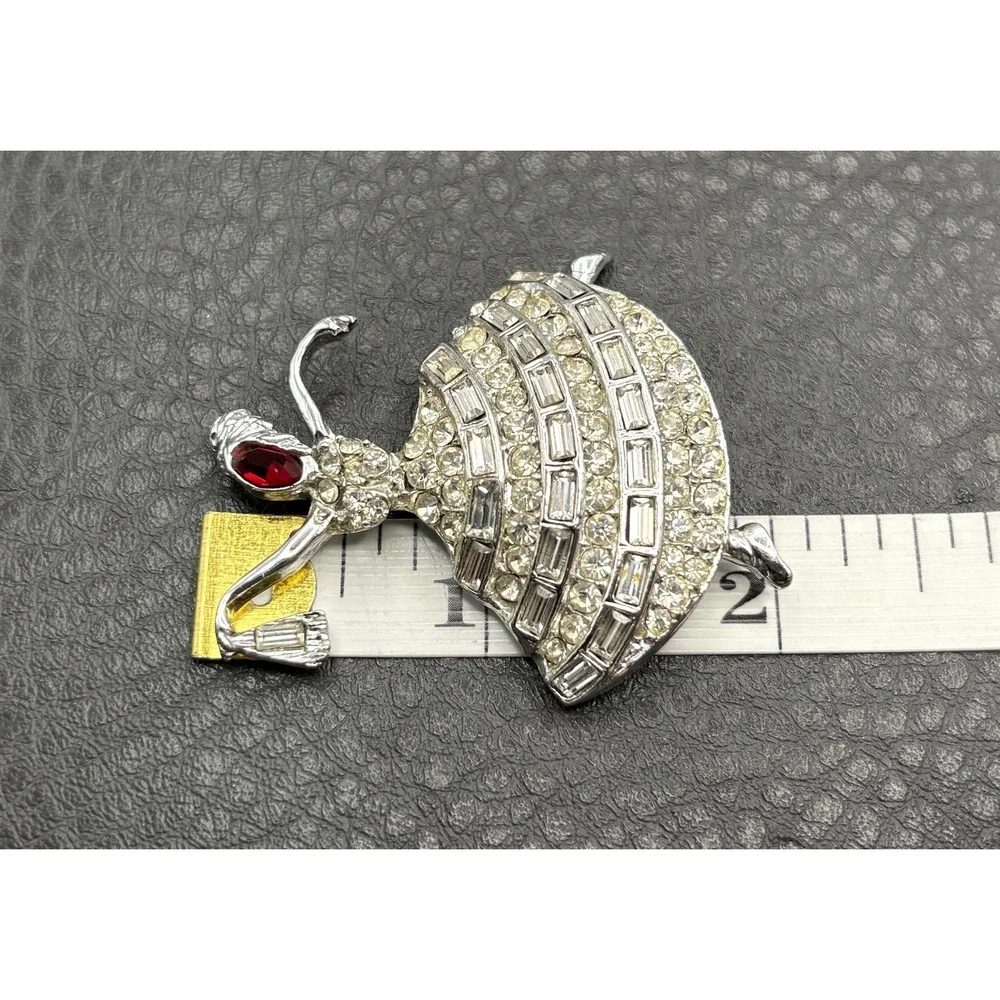 Vintage Rhinestone Ballerina Dancer Lady Brooch Pin Red Crystal Silver Tone
